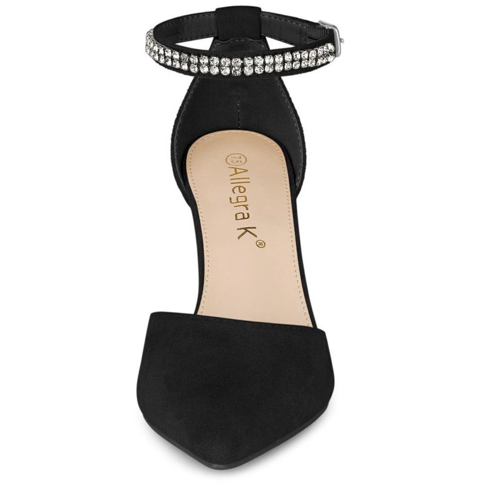 Pointed Toe Rhinestone Ankle Strap Black Chunky Heels Pumps - Picture 3 of 6